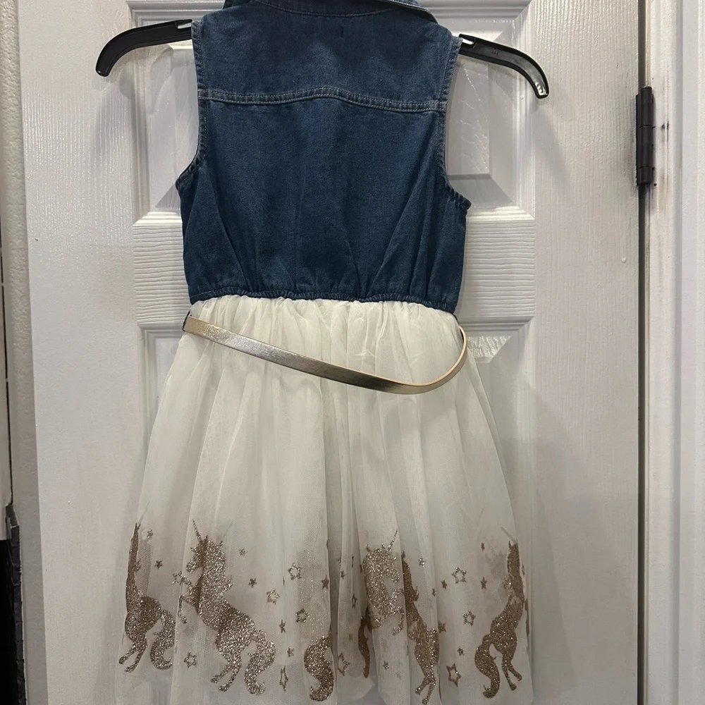 Zunie denim and white tulle with gold accents party dress - size 6 - Picture 3 of 6